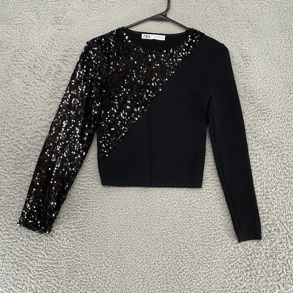Zara Sequin Sweater Womens Small Black Asymmetrical Long Sleeve Sparkle Top